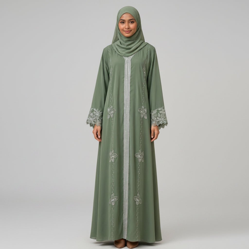YASMIN EMBROIDERY ABAYA NIDA FABRIC - AL Rubab Fashion MY